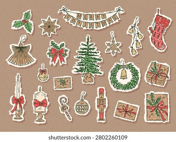 Hand-drawn colorful vector collage set of Christmas decorations including candles, wreaths, ornaments, bells, gifts, garlands and festive elements in holiday style
