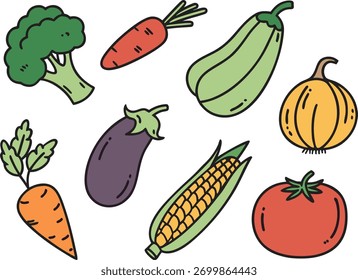 Conjunto de Vector colorido dibujado a mano de verduras aisladas: brócoli, zanahorias, calabacín, berenjena, maíz, calabaza y colección de garabatos de tomate.