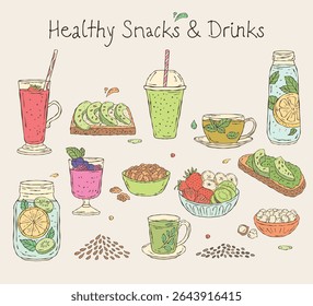 Hand-drawn colorful vector set of smoothies and healthy snacks. Minimal doodle-style illustrations. Perfect for wellness, packaging, menus, and healthy eating projects	