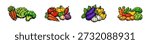 Hand-drawn colorful vegetable clusters featuring carrots, broccoli, tomatoes, peppers, and onions in a vibrant comic style on a white background.