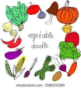 A hand-drawn colorful vegetable frame illustration, featuring various vegetables like tomatoes, peppers, mushrooms, and more, arranged around the center with a "vegetable doodle" text.  
