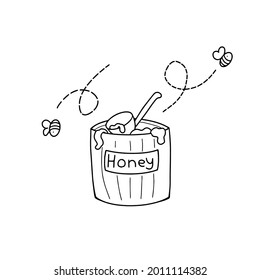 Hand-drawn coloring of a barrel of honey with bees. Vector outline illustration for kids, kindergarten, nursery, book, banner, poster.