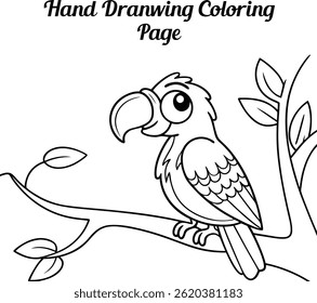 A hand-drawn coloring page of a cartoon parrot perched on a tree branch