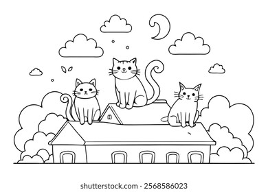 Hand-Drawn Coloring Page with Cats on the Roof - Outline Vector Illustration