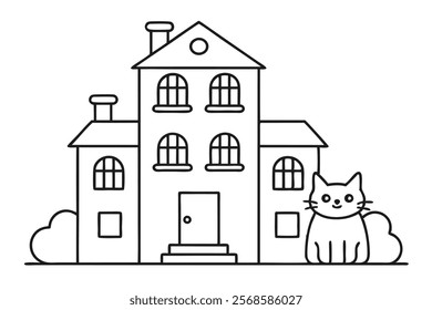 Hand-Drawn Coloring Page with Cats on the Roof - Outline Vector Illustration