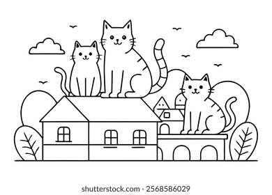 Hand-Drawn Coloring Page with Cats on the Roof - Outline Vector Illustration