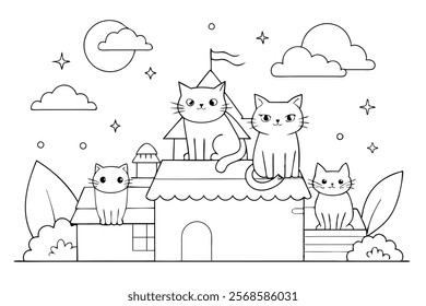 Hand-Drawn Coloring Page with Cats on the Roof - Outline Vector Illustration