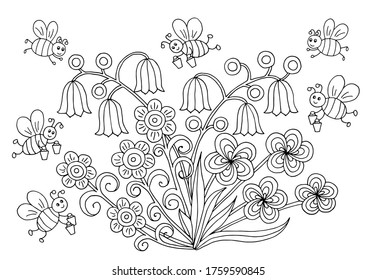 Hand-drawn coloring page with cute bees and flowers in a meadow in summer, vector illustration, for children and adults