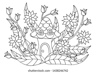 Hand-drawn coloring page with a cute house mushroom in summer flowers