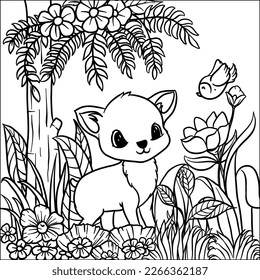Hand-Drawn Coloring Page of Mouse Deer, Leaves, and Flowers for Digital and Print