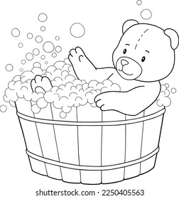 Hand-drawn coloring page with teddy bear in bath. Black and white images on white background.