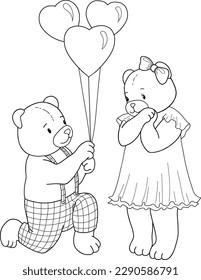 Hand-drawn coloring page with teddy bears. Black and white images on white background.