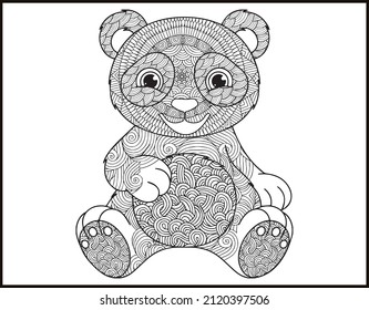 Hand-drawn Coloring pages with panda,  Hand drawn doodle, zentangle, floral design elements for coloring book.
