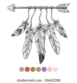 Handdrawn colorng boho element. Arrow and feathers on white background with color swatches. Vector illustration