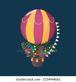 Handdrawn colourful air balloon with flowers, leaves and butterflies. Vector illustration.