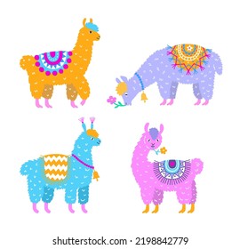 Hand-drawn colourful alpaca illustration set. EPS 10 vector illustration