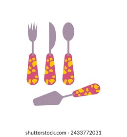 Handdrawn colourful cutlery isolated on white. Vector design of eclectic kitchen decor.