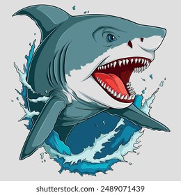 HandDrawn Comic Angry Shark Head Out of Water with Open Mouth, Big Teeth, and Waves