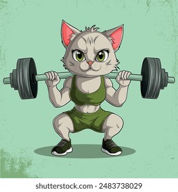 HandDrawn Comic Cat Levantamiento de pesas Bodybuilding en el gimnasio