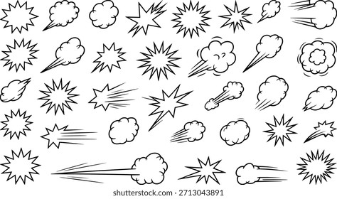Elementos dibujados a mano de explosión de cómic, explosión de humo y efecto de velocidad con Formas de impacto de estilo de boceto dinámico para animación de dibujos animados y obras de arte digitales