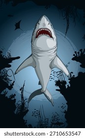 Hand-Drawn Comic Style Dangerous Shark Illustration, Deadly shark rising from the deep on Ocean Background
