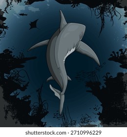 Handgezeichneter Comic-Stil Gefährlicher Hai Schwimmen im tiefen Ozean mit dramatischen Unterwasser-Hintergrund, Raubtier Tierwelt Illustration für Marine Art Themes