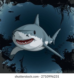 Desenhado à mão estilo cômico ilustração de tubarão na cena do oceano escuro, arte perigosa do predador com fundo subaquático e elementos da vida selvagem marinha