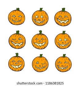 Hand-drawn comic style Sset of halloween pumpkins isolated on white background. Deifferent emotions illustrations for web, rochure, templates, decor.