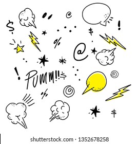 Hand-drawn comic-style doodles featuring speech bubbles, lightning bolts, stars, symbols, and expressive graphic elements. This playful illustration represents emotions, reactions, sound effects, and visual communication commonly used in comics, pop art, and creative design projects. vector punk graffiti teen vectors