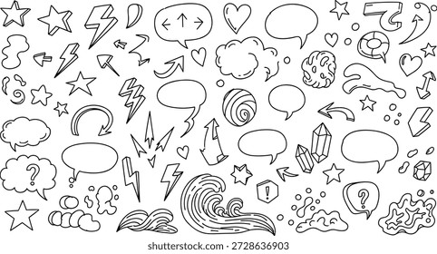 Rabiscos desenhados à mão em estilo cômico com bolhas de fala, relâmpagos, setas, estrelas, corações, símbolos, ilustração vetorial
