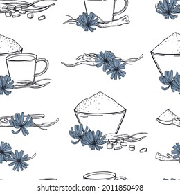 Hand-drawn Common chicory  (Cichorium intybus flowers) set. Roots and flowers.  Vector  seamless pattern.