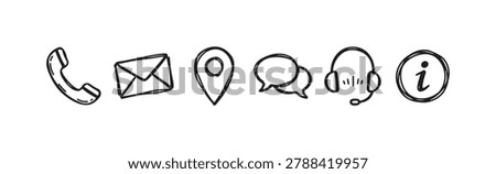 Hand-drawn communication and contact us icons: phone, email, location, chat, customer support, and information