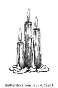 Hand-drawn composition with burning candles sketch. Hand-draw wax candles isolated on white background. Halloween design element, home decoration, witchcraft. Candlelight vector illustration 
