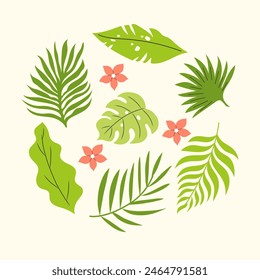 Handdrawn composition with flying palm leaves and plumeria. Vector design.