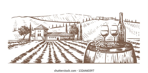 Hand-drawn composition, glasses, a bottle of wine and grapes on a barrel against a rural landscape with a Villa, a grape plantation and hills. Hand draw illustration design for wine label isolated.