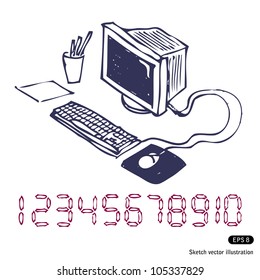 Hand-drawn computer. Hand drawn sketch illustration isolated on white background