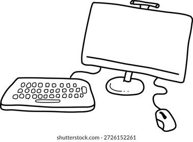 Dibujo de Vector de computadora dibujado a mano. Escritorio, ratón y teclado.