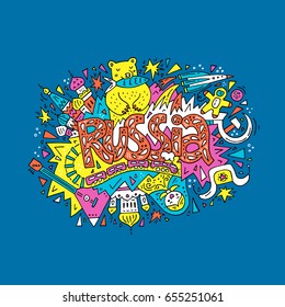 Handdrawn concept with all main symbols of Russia. Vector illustration.