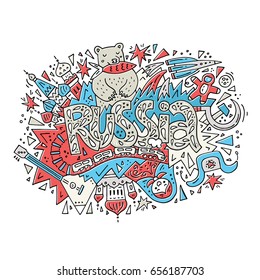 Handdrawn concept with all main symbols of Russia. Vector illustration.