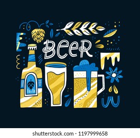 Handdrawn concept with beer quote and symbols like mug and wheat. Vector illustration. Poster for restaurant or ocroberfest.