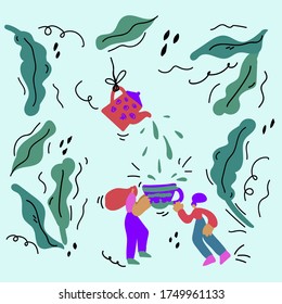 A hand-drawn concept illustration of a woman pouring coffee into a giant mug. In a circle of leaves and trees. Teamwork and a poster of a coffee shop