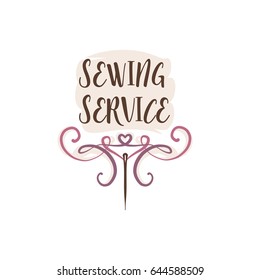 Hand-drawn concept logo for creative sewing service isolated on white background. Template illustration for fashion business.