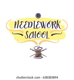 Hand-drawn concept logo for needlework school. Template illustration for master class home hand sewn.  