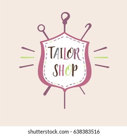 Hand-drawn concept logo for tailor shop with shield and needle isolated on light background. Template illustration for fashion designer shop.