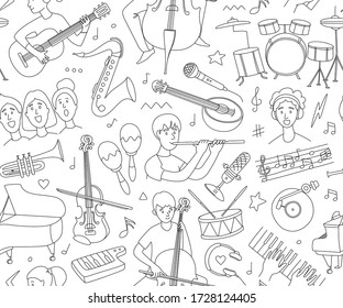 Handdrawn concept on music festival - musicians and musical instruments guitar, flute, cello, violin ,saxophone. Vector illustration seamless background pattern doodles in linear simple style.