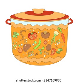 Hand-drawn concept vector logo for delicious homemade recipe of vegan soup. Template logo with cooking soup isolated on white background.