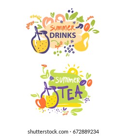 Hand-drawn concept vector logo for delicious homemade tea recipe. Summer drink. Template logo with glass jar and fruit isolated on white background.