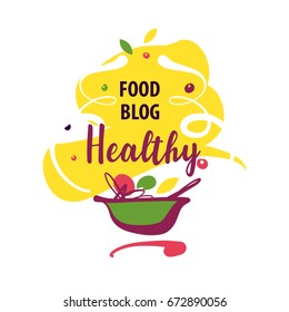 Hand-drawn Concept Vector Logo For Delicious Homemade Recipe With Text Healthy Food Blog. Template Logo With Plate Of Vegetable And Fruit Isolated On White Background.