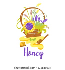 Hand-drawn concept vector logo for eco farm business with text Honey. Template logo with flower  basket and honey isolated on white background.