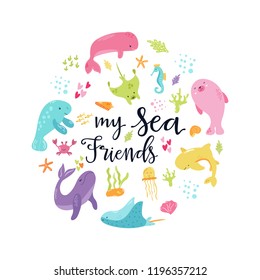 Handdrawn conceptual illustration for baby prints with illustrations of sea animals. Poster or t-shirt design.